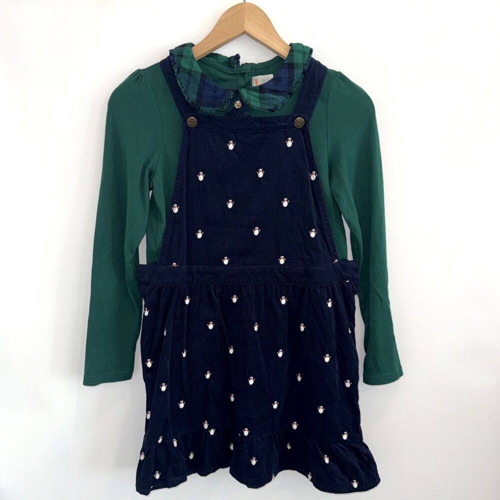 Gymboree Girls Sz 12 Snowman Dress 2 Piece Outfit Navy Green Corduroy Jumper Top